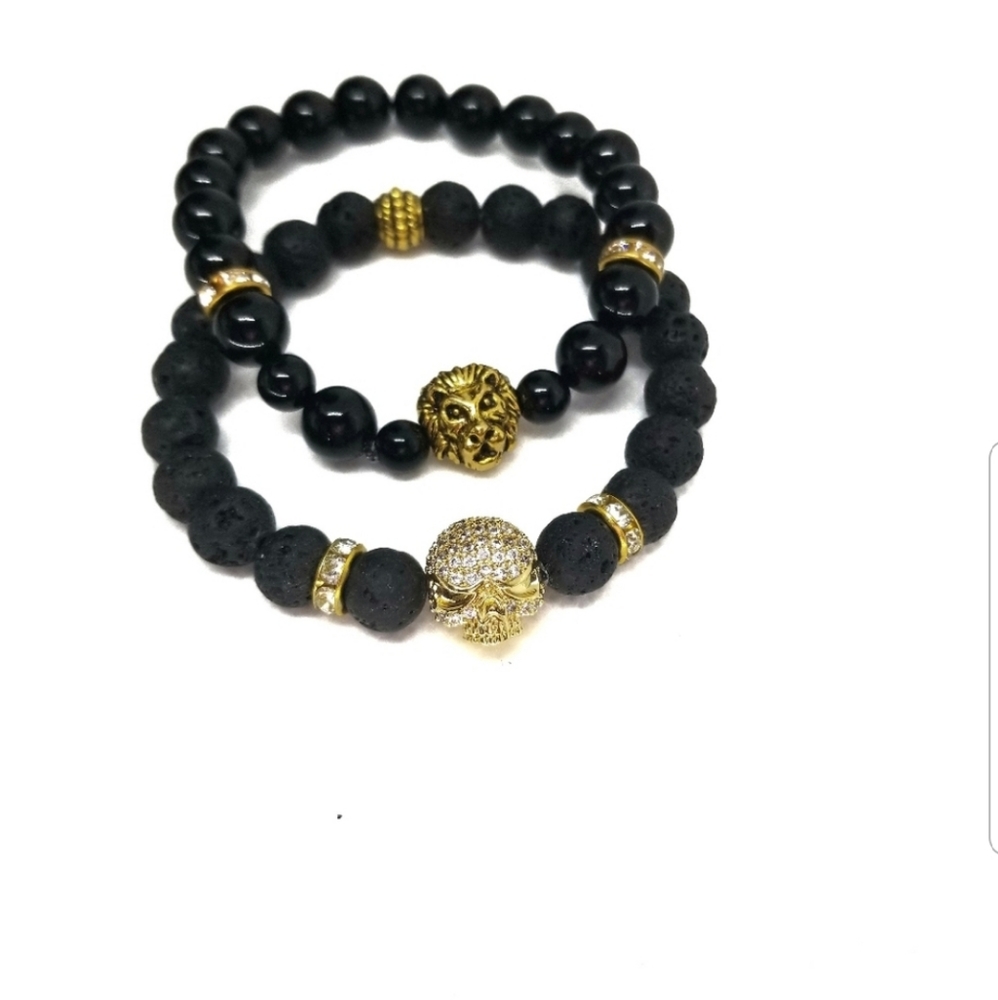 Handmade Lion&Skull Head Black Lava UnisexBracelet